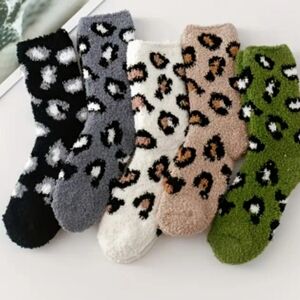 Leopard Print Fuzzy Socks - 5 Pairs